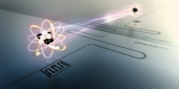 The lifetime of an atom can be extended up to ten times by placing it in front of a mirror. The artificial atom consists of a superconducting circuit on a silicon chip. The interaction between the atom and its mirror image modifies the vacuum fluctuations seen by the atom and thus its lifetime. The microwaves that mediate the interaction between the atom and the mirror flow in a transmission line on the chip. Illustration: Moa Carlsson and Lisa Kinnerud, Krantz NanoArt