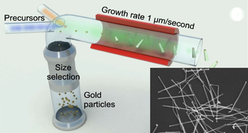 Schematic illustration of nanowire growth by means of Aerotaxy. IN a continuous flow process, gold metal is vaporized and cooled to form an aerosol of nanoparticles, which is size selected with a differential mobility analyzer. The gold aerosol is mixed with trimethylgallium and arsine in the cylindrical Aerotaxy reactor, where rapid nanowire growth  occurs, yielding 2 µm long nanowires in 2 seconds. Downstream the reactor, wires are collected for further study or device integration. Image: Illustration by M. Heurlin, SEM by W. Metaferia. Reference: M. Heurlin, M. H. Magnusson, D. Lindgren, M. Ek, L. R. Wallenberg, K. Deppert, and L. Samuelson, “Continuous gas-phase synthesis of nanowires with tunable properties”, Nature 492 90 (2012)